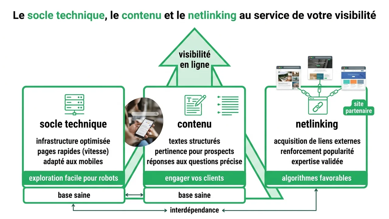 Schéma représentant les trois bases du SEO : une fondation technique saine, un contenu de qualité et une autorité via le netlinking.