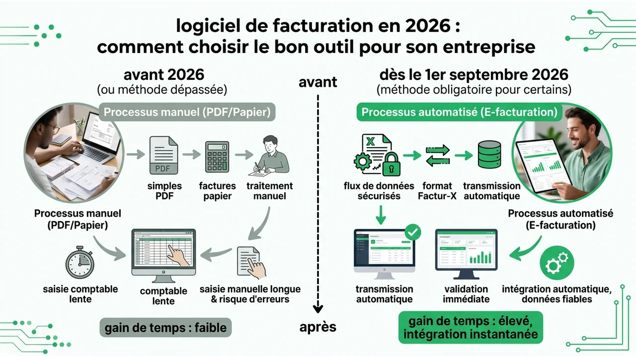 Comparatif visuel montrant un PDF standard lisible par l'œil humain versus un fichier Factur-X combinant PDF et données XML traitables par les logiciels.