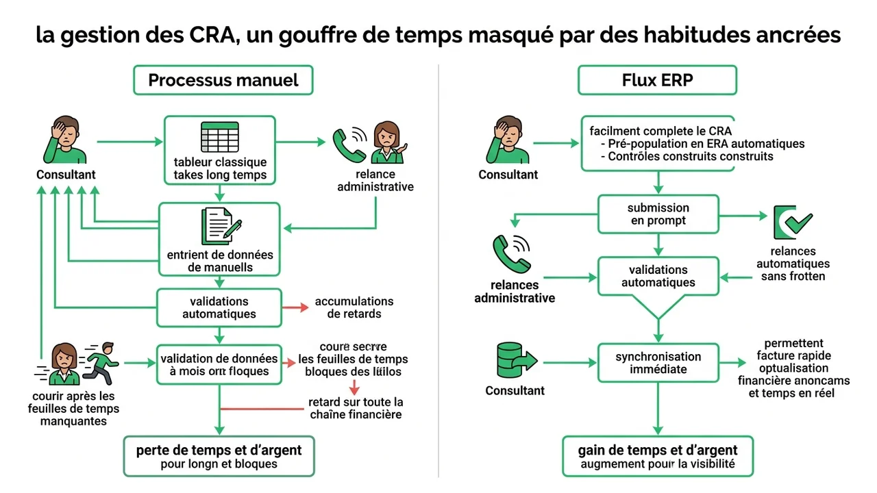 Schéma comparatif montrant les étapes chronophages d'un CRA sur tableur (saisie, relance, export) opposées au flux simplifié d'un outil spécialisé.