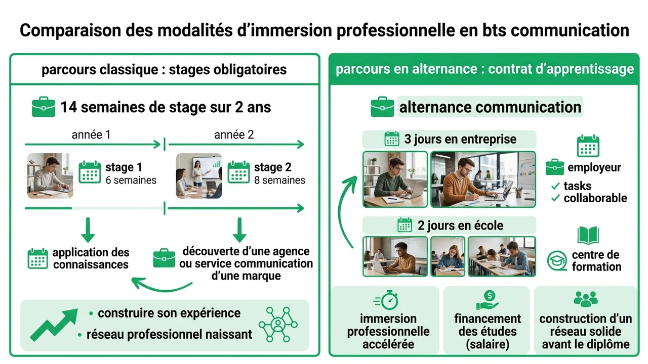 Tableau visuel comparant les 14 semaines de stage du parcours classique au rythme de 3 jours en entreprise pour l'apprentissage.