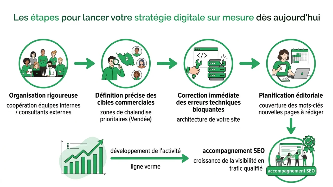 Diagramme de flux montrant les étapes : définition des objectifs, audit, optimisation technique, création de contenu et suivi mensuel.