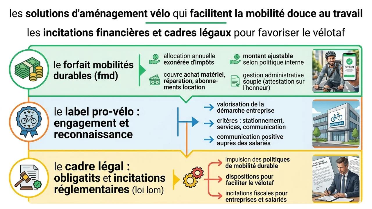 Infographie résumant le Forfait Mobilités Durables, les subventions Plan Vélo et les obligations de la loi LOM.