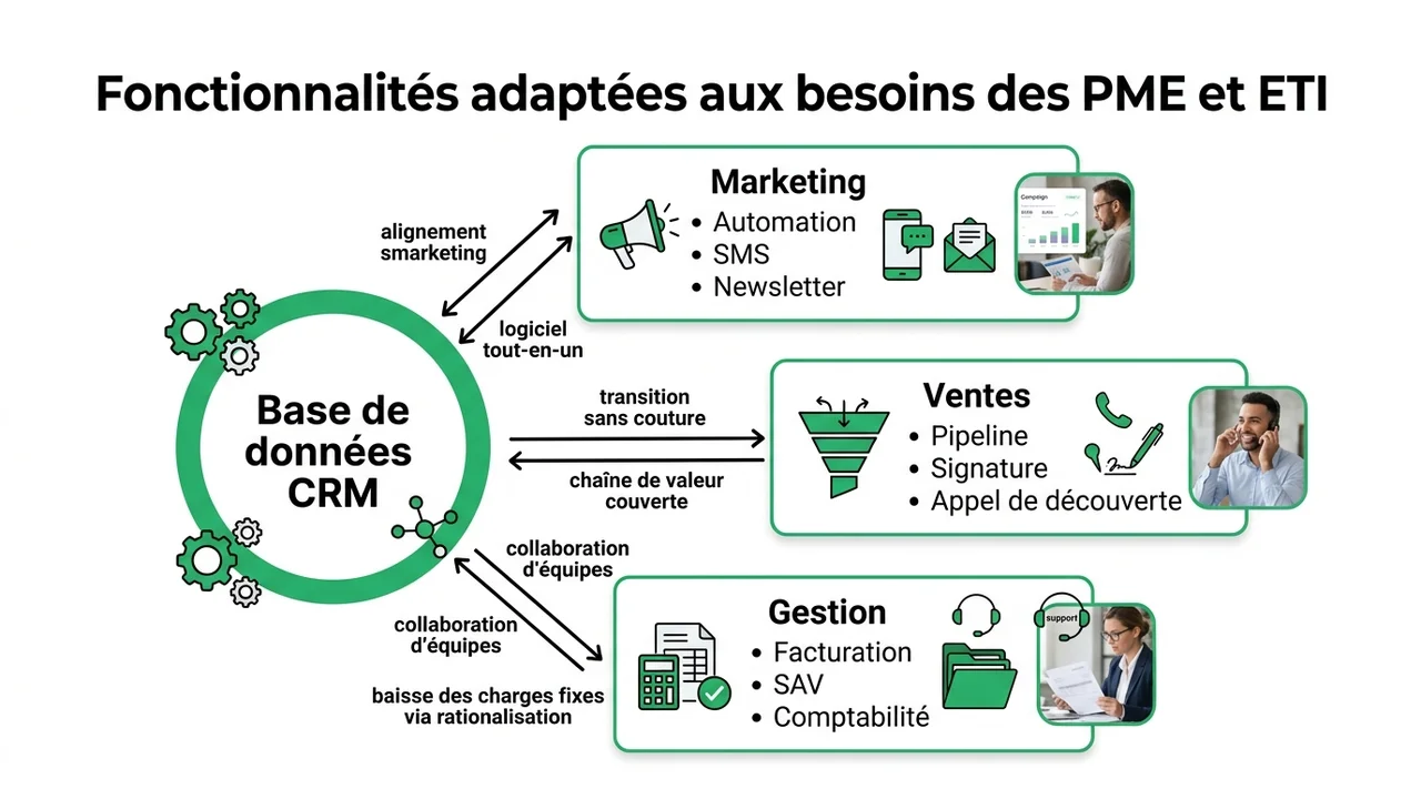 Schéma montrant l'alignement du marketing, des ventes et de la gestion administrative autour d'une base de données centrale