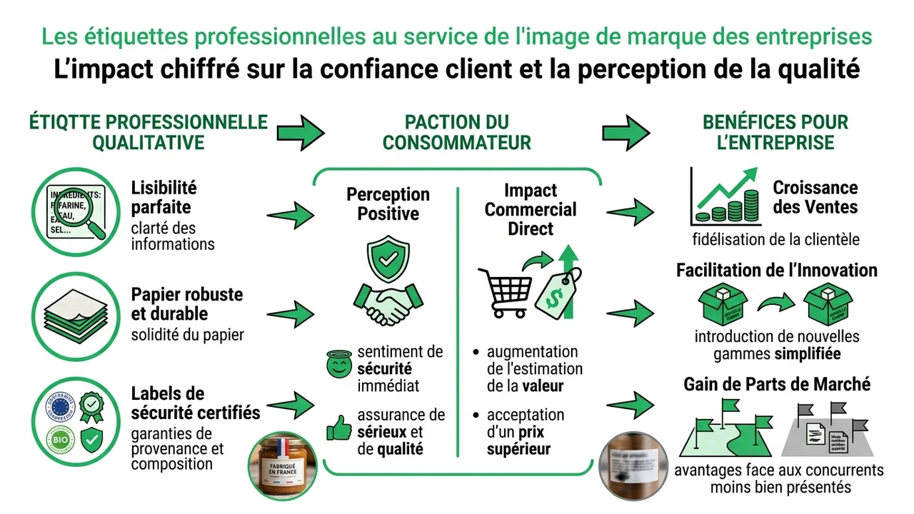 Infographie listant les 3 facteurs de réassurance : clarté des informations, qualité du support tactile et transparence de la composition.