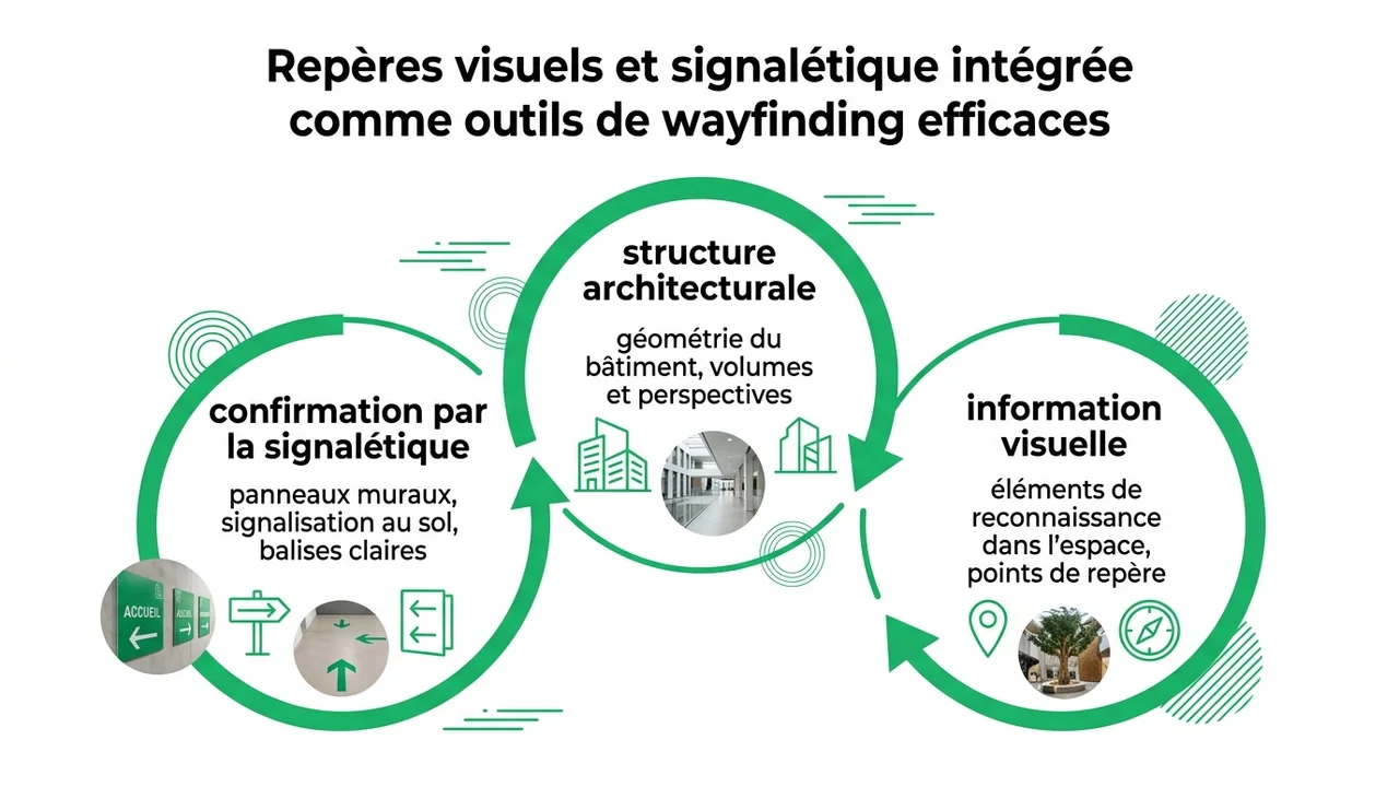 Schéma fonctionnel montrant comment la structure du bâtiment et la signalétique physique travaillent ensemble pour orienter l'usager.