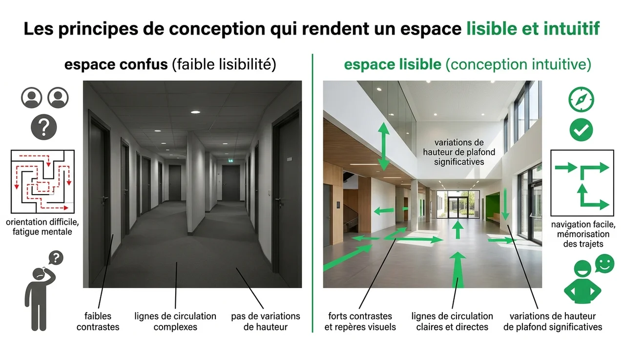 Comparatif visuel entre un couloir uniforme désorientant et un espace utilisant la hiérarchie visuelle pour guider l'usager.