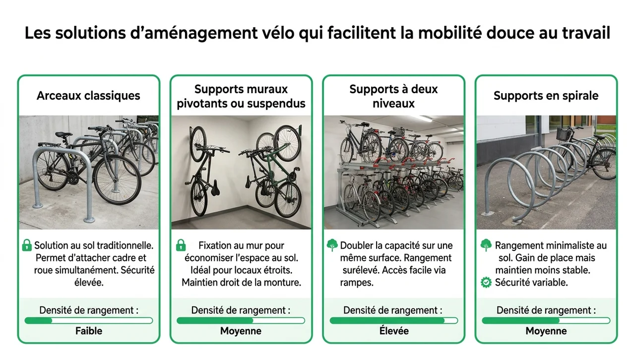 Tableau illustré comparant l'emprise au sol et l'usage des arceaux, supports muraux et racks double étage.