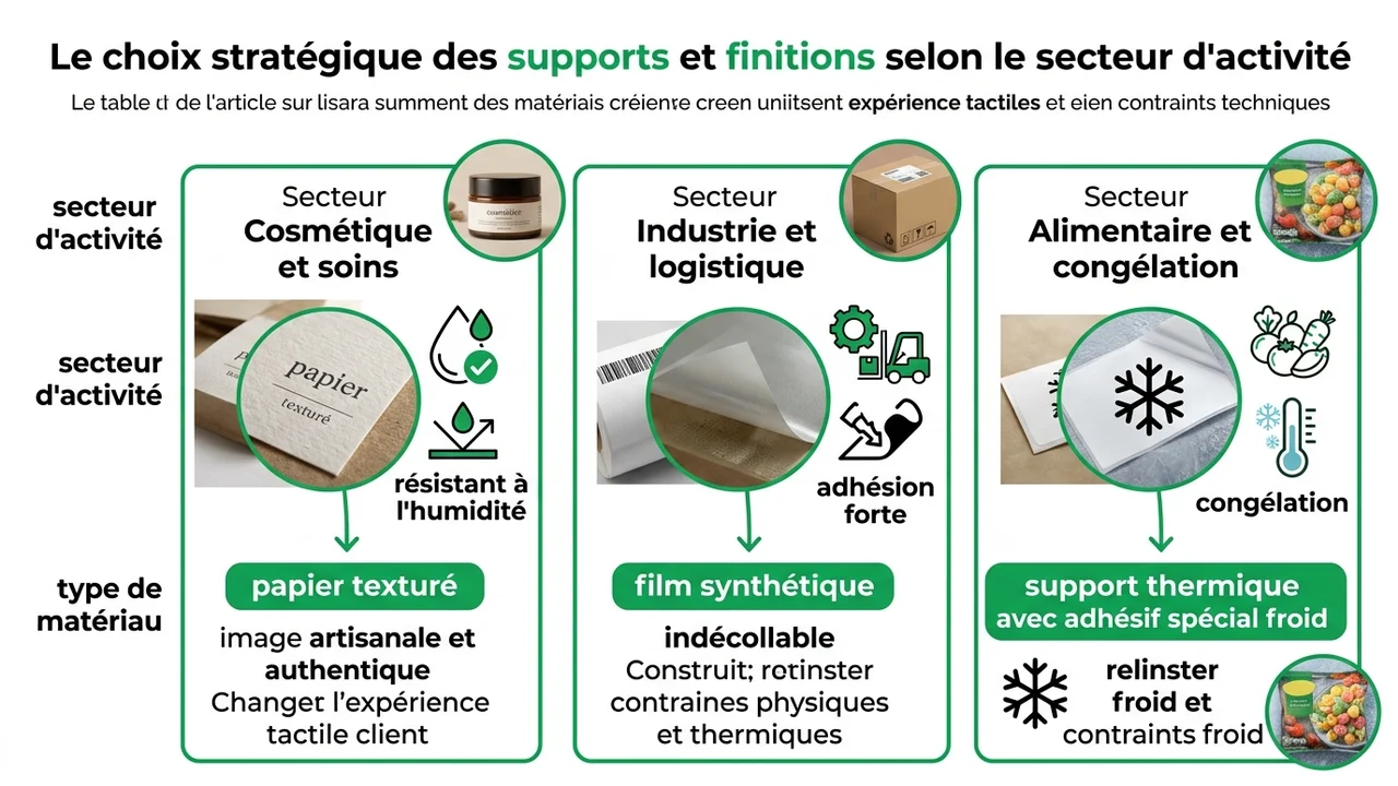 Schéma reliant différents types de matériaux (Kraft, Polyester, Thermique) à leurs environnements spécifiques (froid, humidité, logistique).
