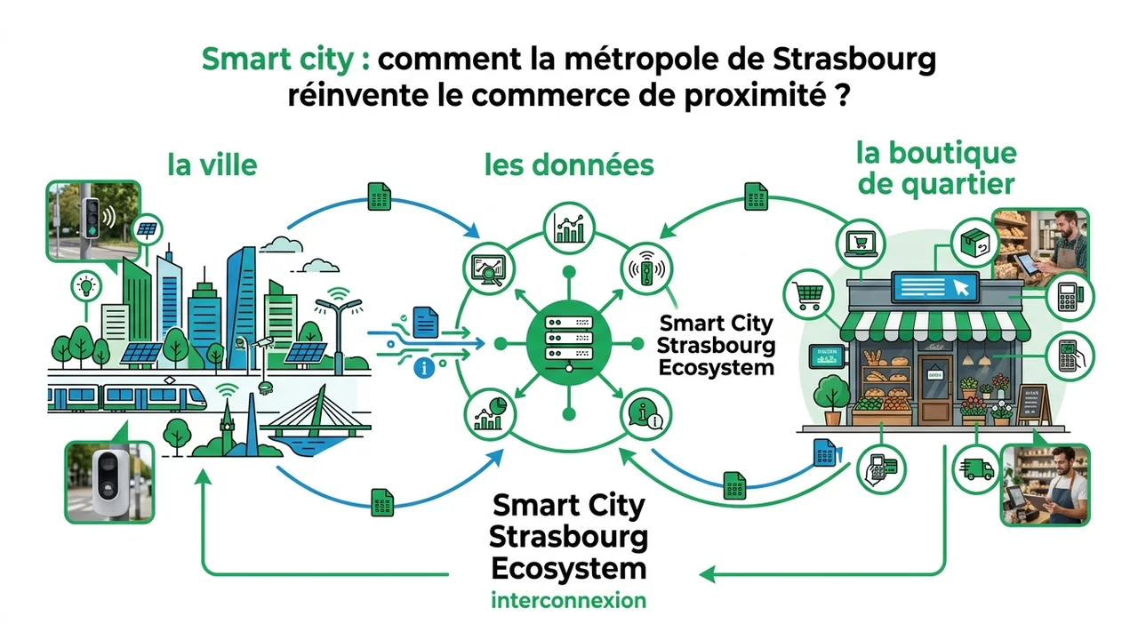 Infographie présentant les trois piliers : infrastructure numérique LoRa, mobilité douce/logistique urbaine, et outils phygitaux pour les commerçants locaux.
