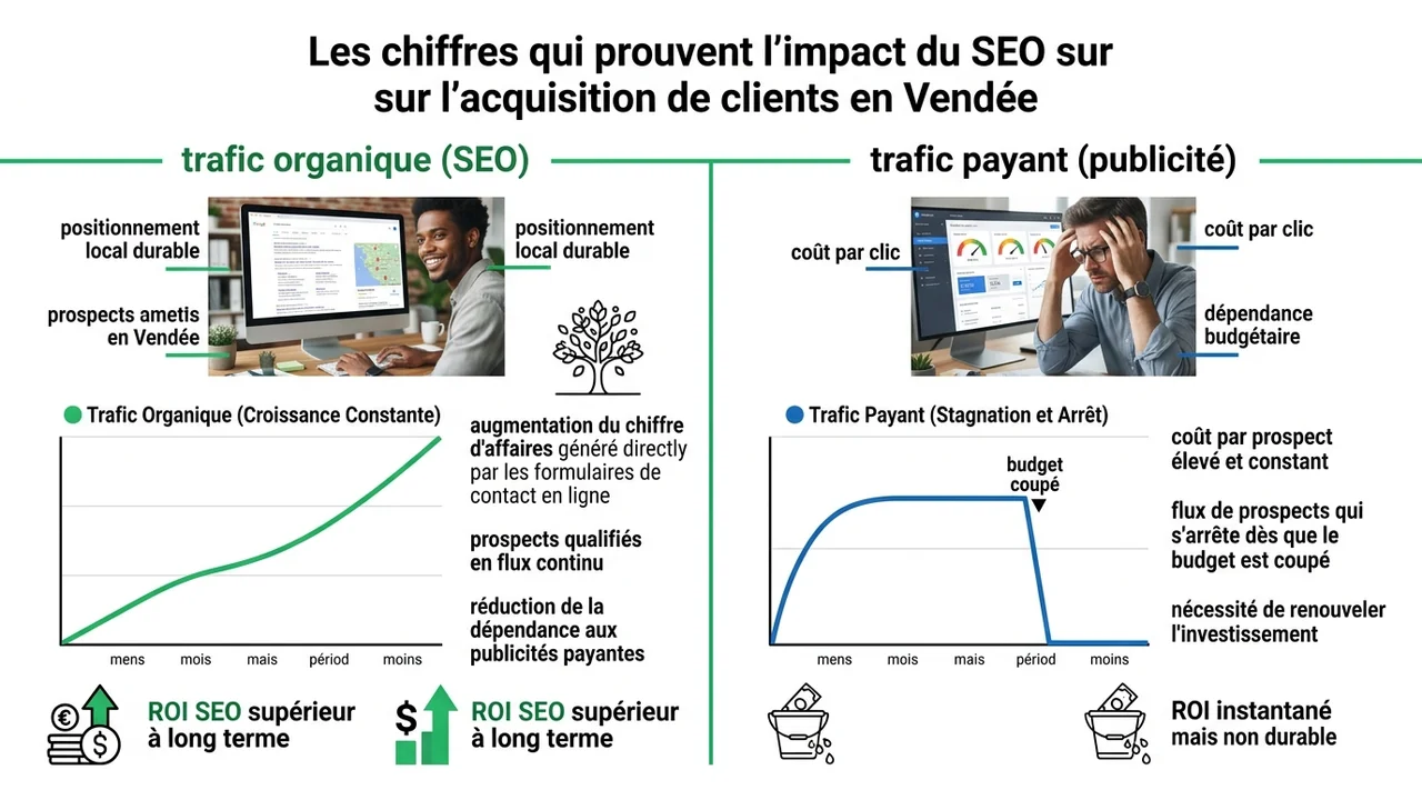 Graphique montrant l'évolution du coût par prospect qui baisse avec le SEO tandis qu'il reste fixe avec la publicité payante.