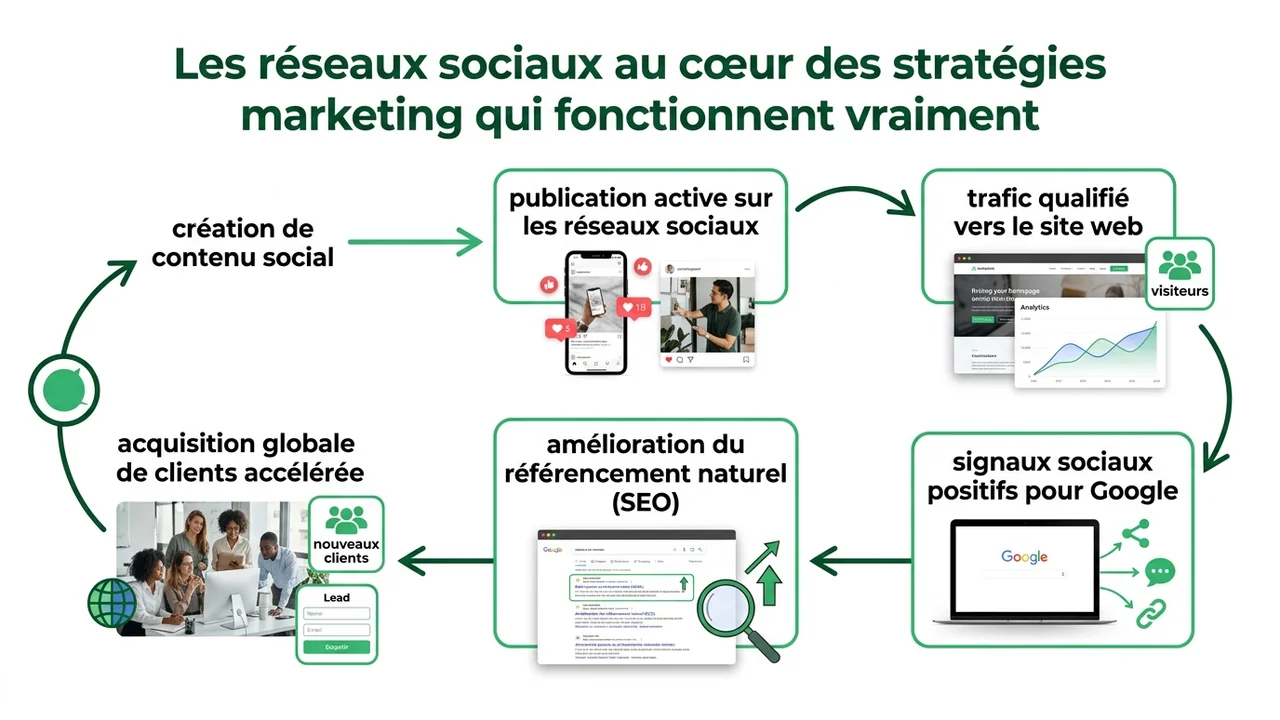 Schéma montrant l'interaction entre publications sociales, trafic vers le site, signaux SEO et conversion client.