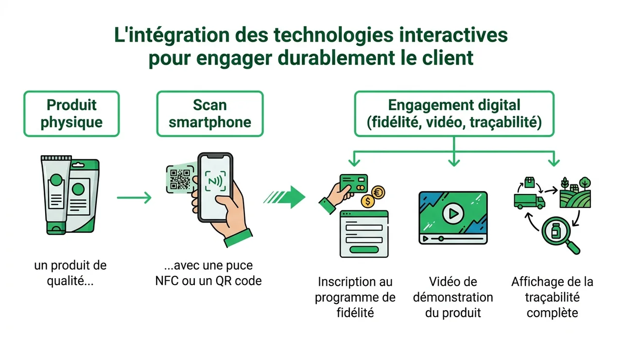 Diagramme de flux montrant le scan d'un QR code sur une étiquette menant à une vidéo de démonstration ou à la traçabilité.