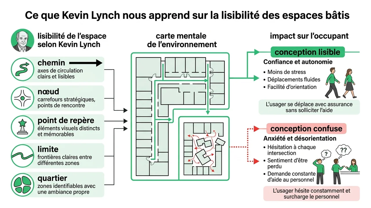 Diagramme illustrant les concepts de Kevin Lynch : chemins, limites, quartiers, nœuds et points de repère appliqués à l'intérieur d'un bâtiment.