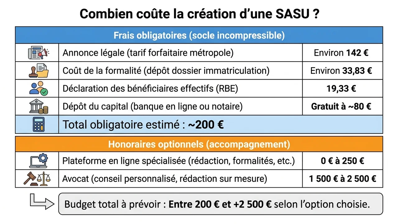 Tableau récapitulatif des frais de création en 2026 incluant l'annonce légale, le greffe et les frais de dépôt de capital.