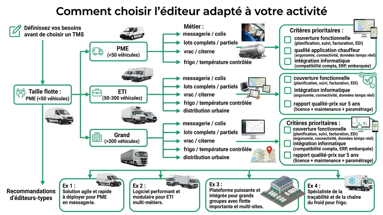 Arbre de décision commençant par la taille de flotte, le métier (messagerie/lots complets/vrac), puis évaluant les critères fonctionnels et budgétaires pour recommander un type de solution