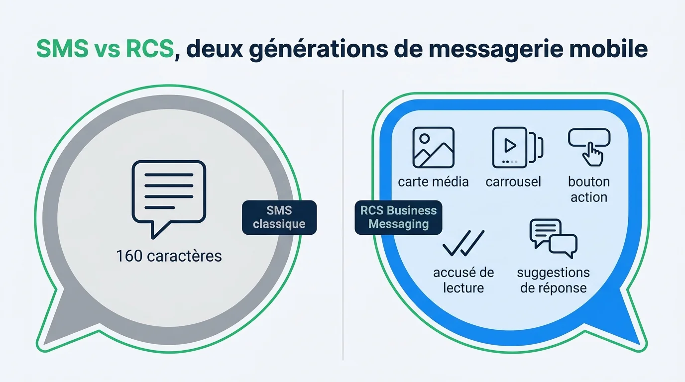 Comparaison visuelle SMS classique versus RCS Business Messaging
