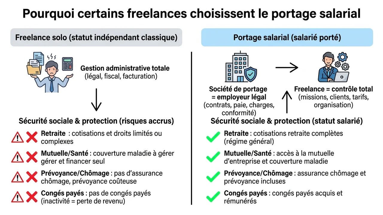 Tableau comparatif entre le statut de freelance solo et le portage salarial sur les critères de protection sociale, gestion des factures et droit au chômage.