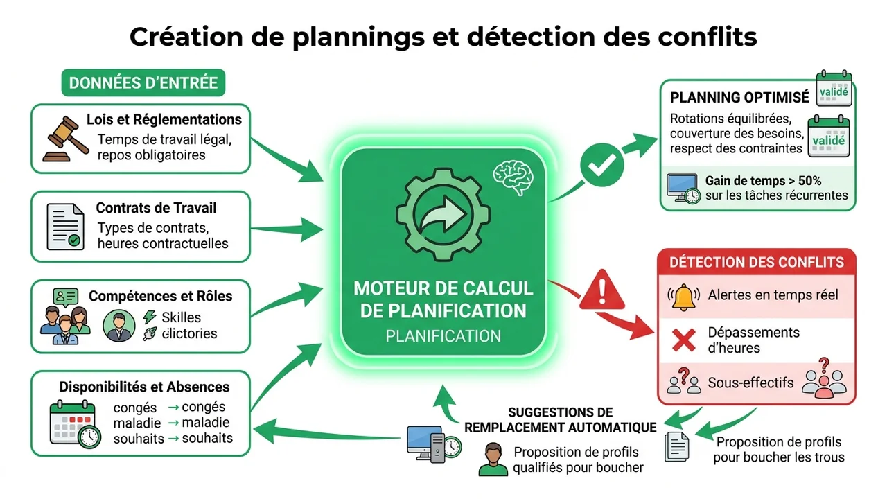 Diagramme de flux montrant comment le moteur de planification croise les compétences, les disponibilités et les règles légales pour générer des alertes de sous-effectif.