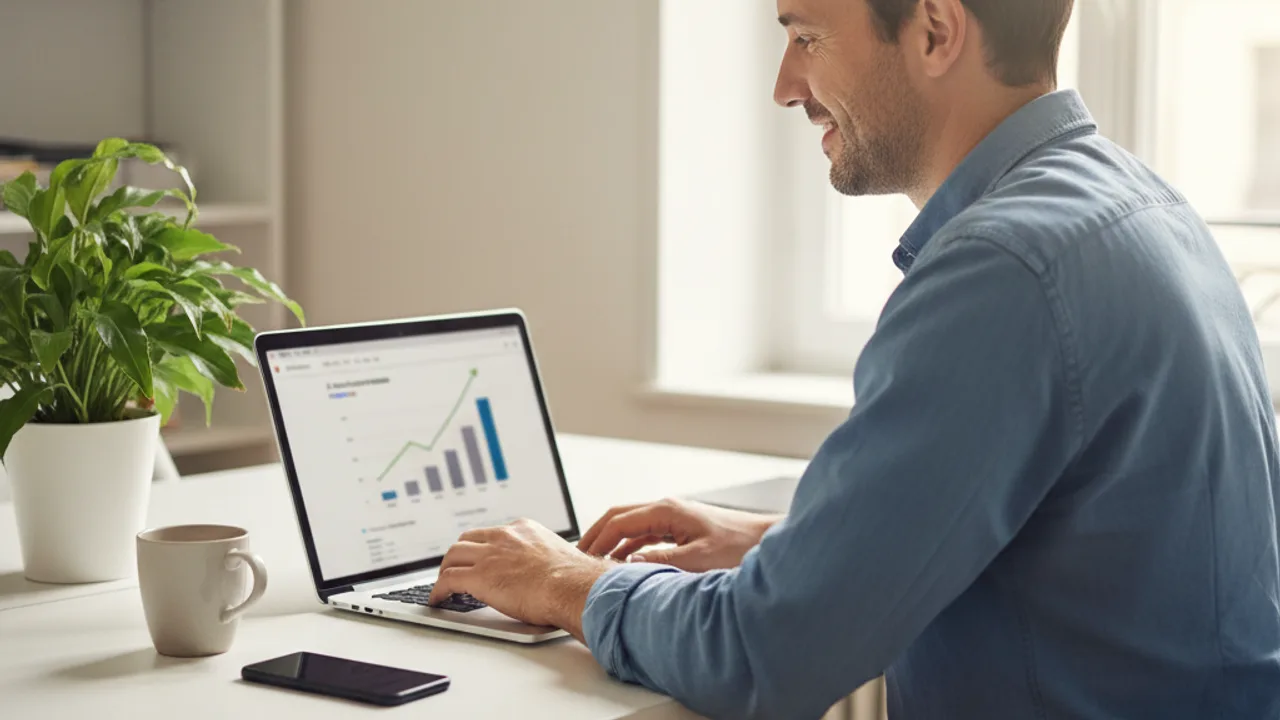 E-commercant gerant sa boutique en ligne depuis son ordinateur portable, ambiance bureau moderne