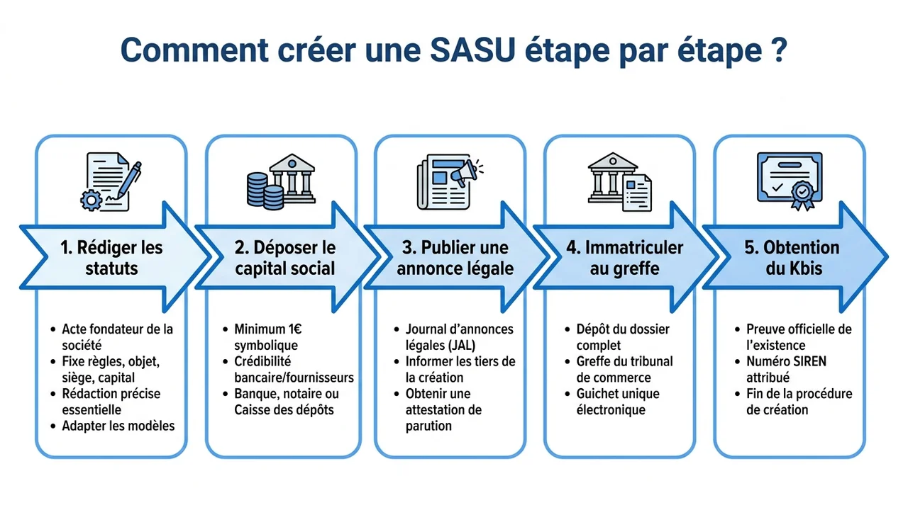 Diagramme de flux montrant les 4 étapes : rédaction des statuts, dépôt du capital, annonce légale et immatriculation INPI.