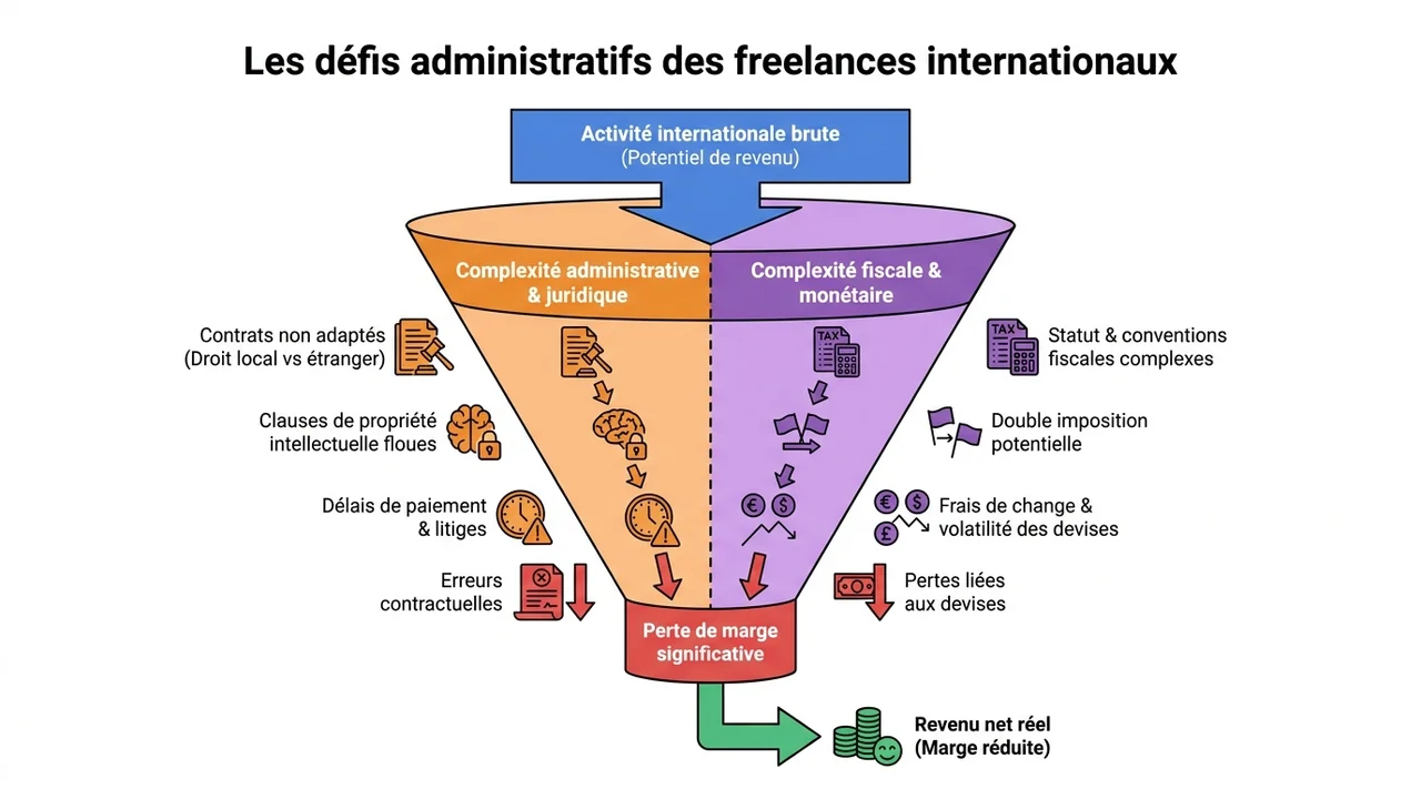 Schéma représentant les trois piliers de complexité : conformité des contrats, fiscalité transfrontalière et frais de conversion de devises.