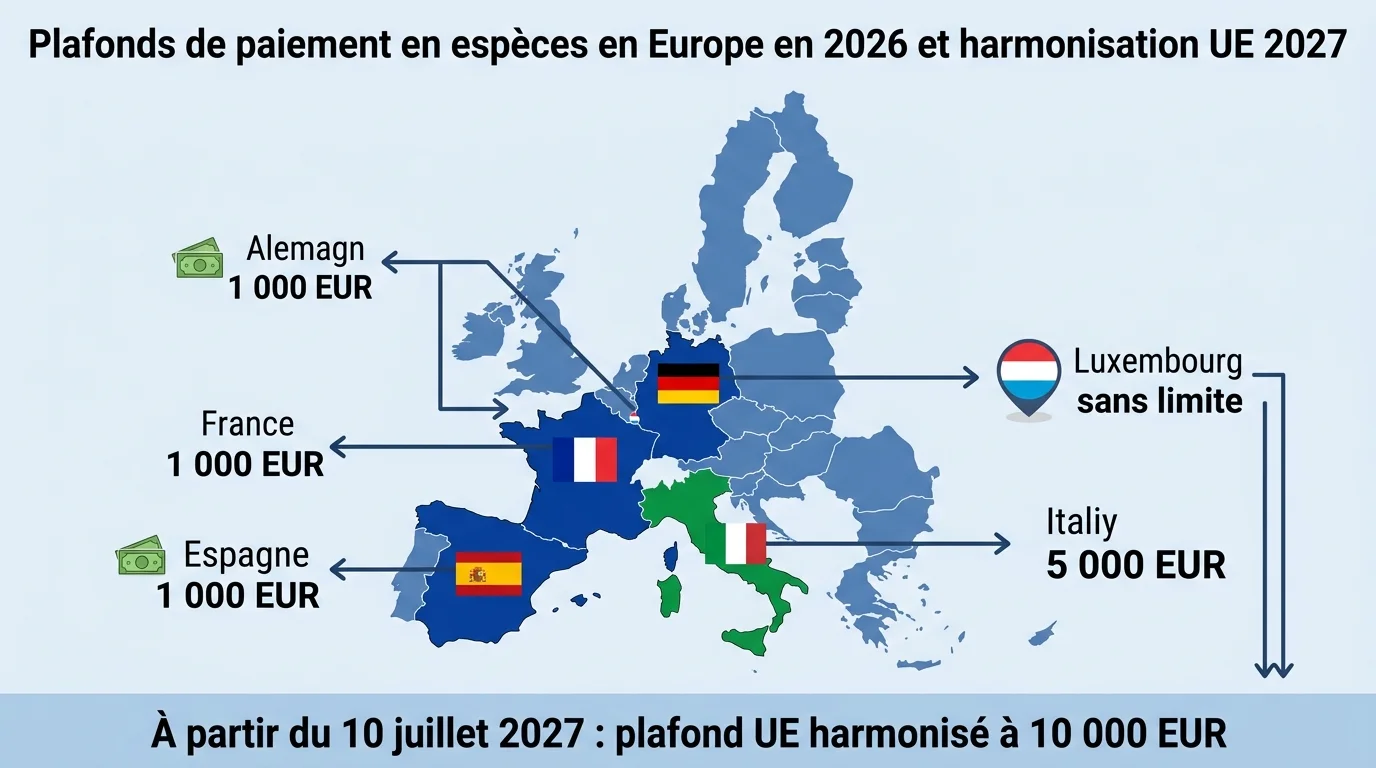 Plafonds de paiement en espèces en Europe en 2026 et harmonisation UE 2027