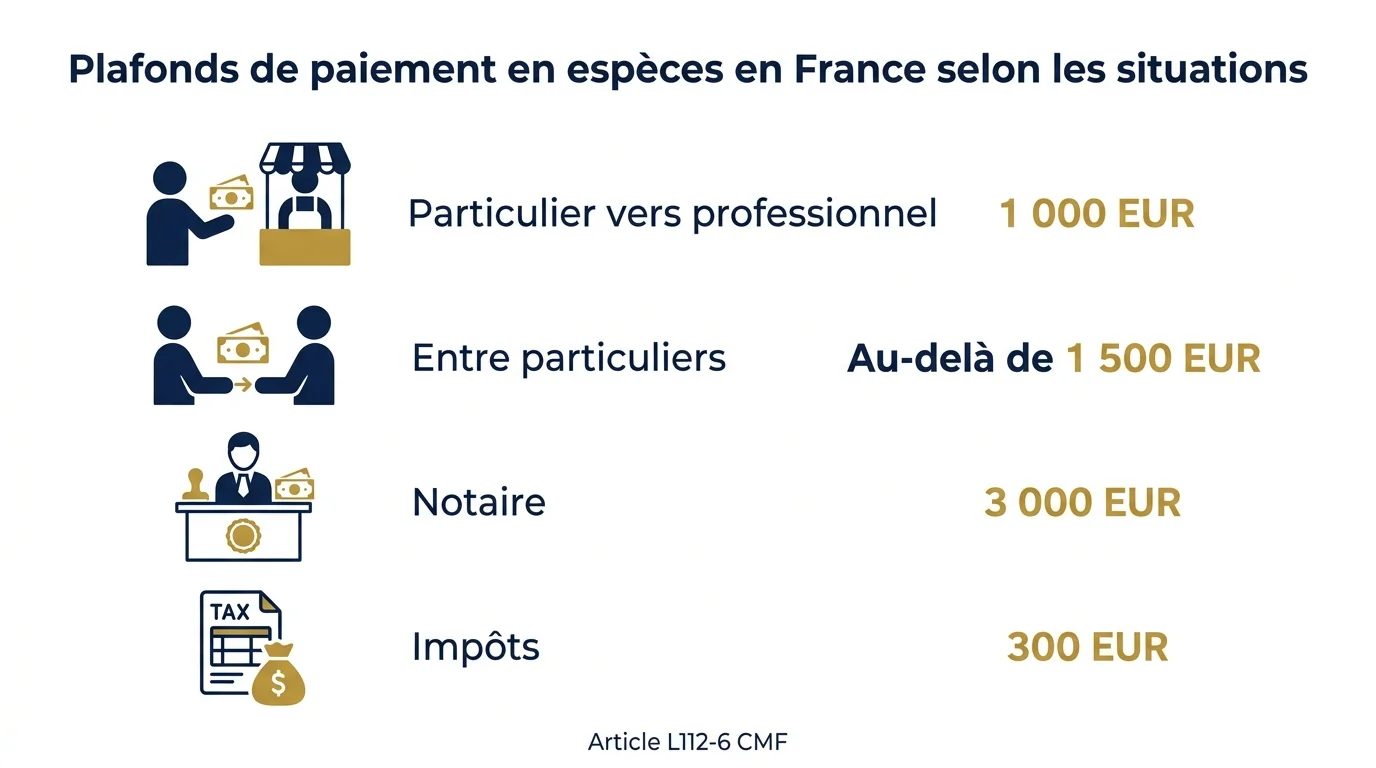 Plafonds de paiement en espèces en France selon les situations