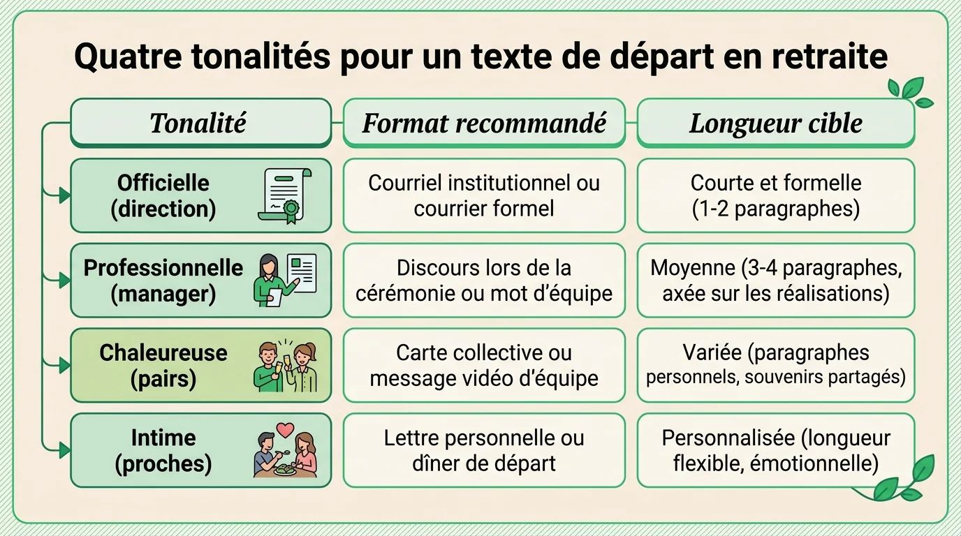 Quatre tonalités pour un texte de départ en retraite