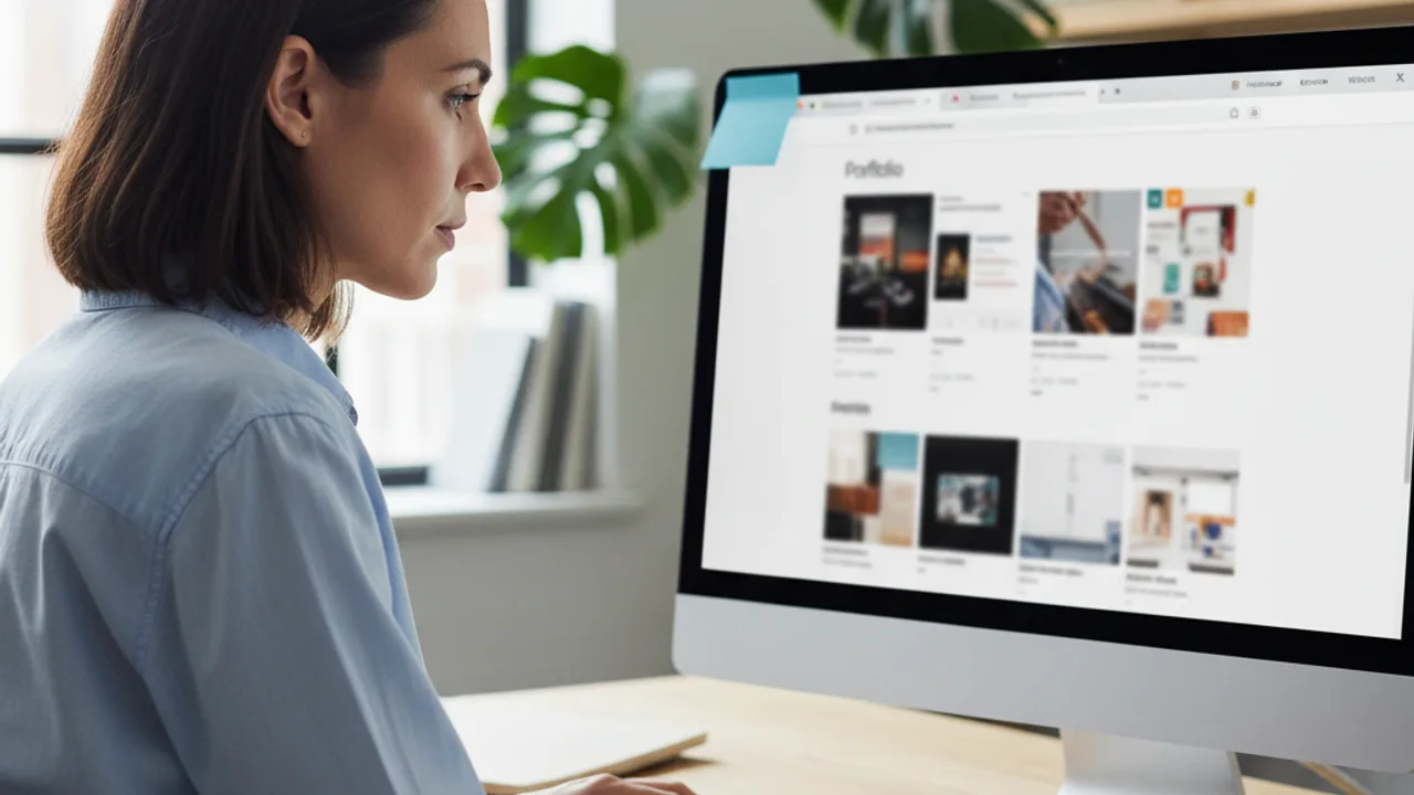 Recruteuse examinant le portfolio en ligne d'un candidat sur son ecran