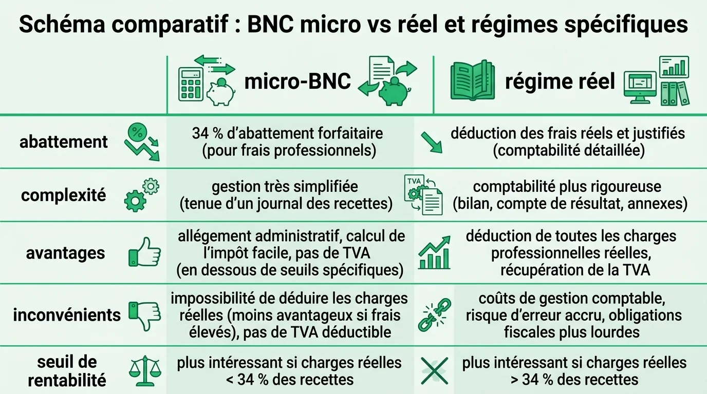Schéma comparatif : BNC micro vs réel et régimes spécifiques