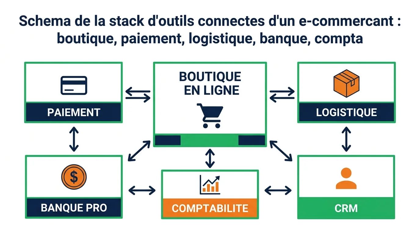Schema de la stack d'outils connectes d'un e-commercant : boutique, paiement, logistique, banque, compta