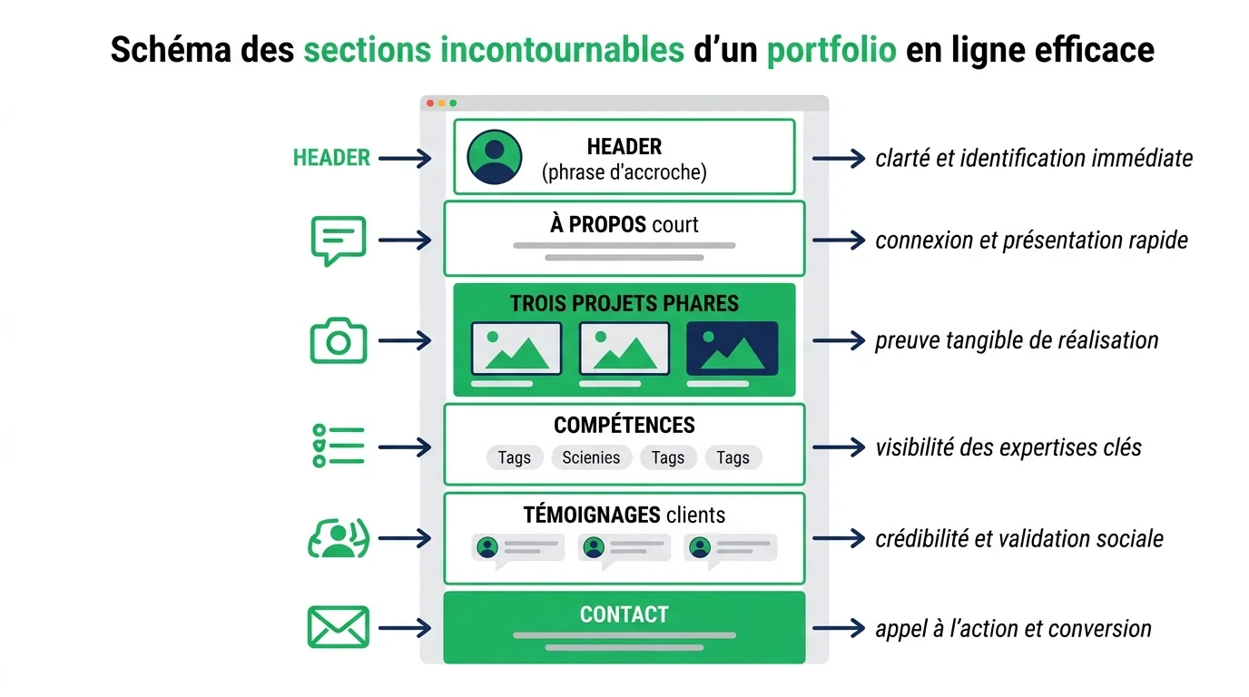 Schema des sections incontournables d'un portfolio en ligne efficace