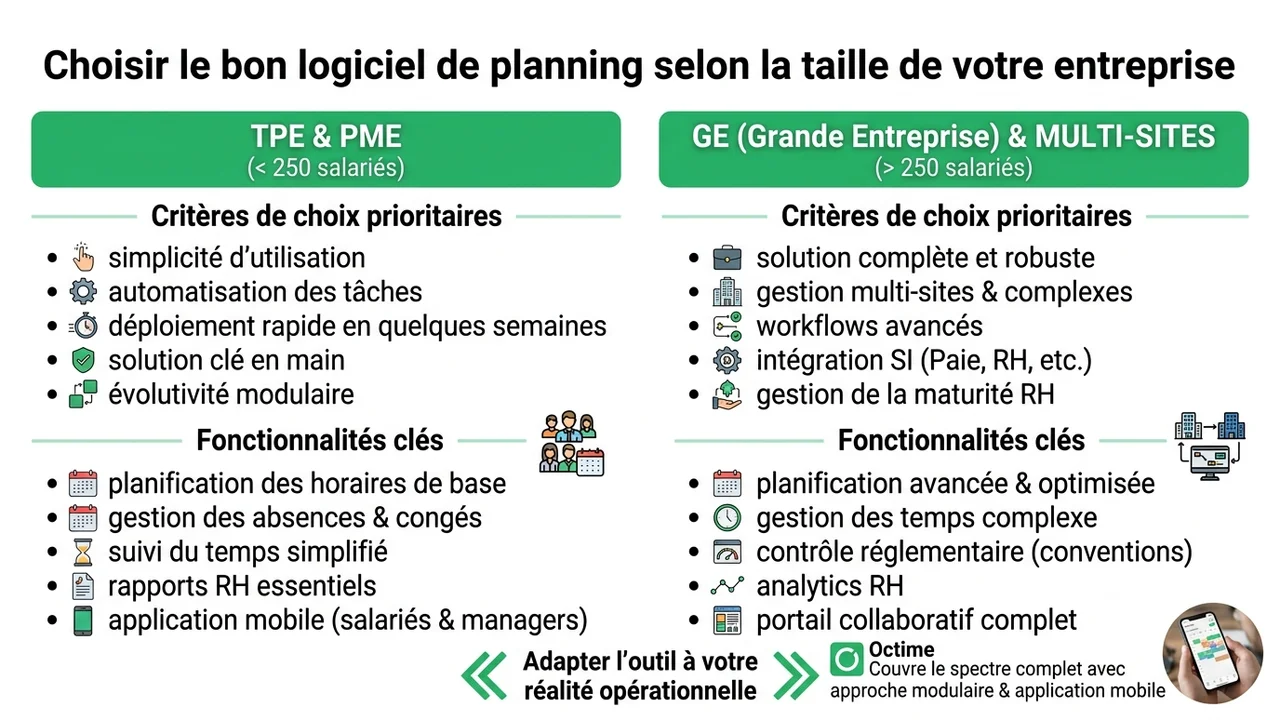 Tableau comparatif montrant les priorités pour les TPE/PME (simplicité, mobile, automatisation) versus les ETI/Grands Groupes (modularité, multi-sites, intégration SIRH).