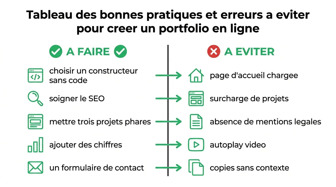 Tableau des bonnes pratiques et erreurs a eviter pour creer un portfolio en ligne