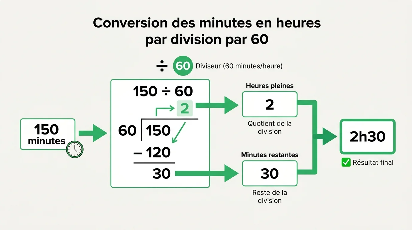 Conversion des minutes en heures par division par 60