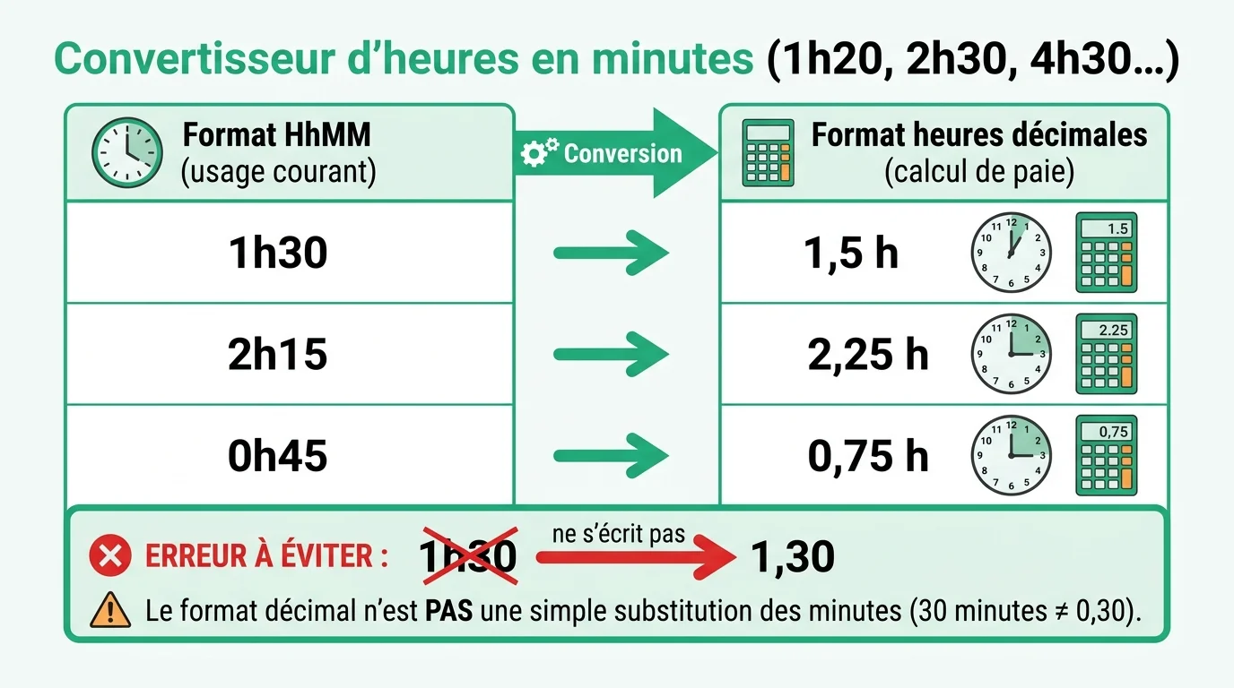 Difference entre format HhMM et heures decimales sur une feuille de temps