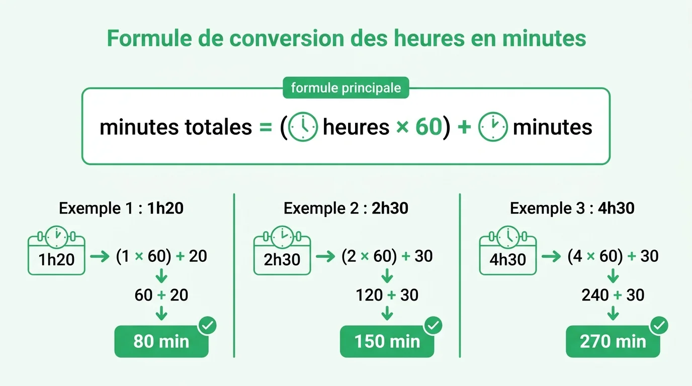 Formule de conversion des heures en minutes avec exemples 1h20, 2h30 et 4h30