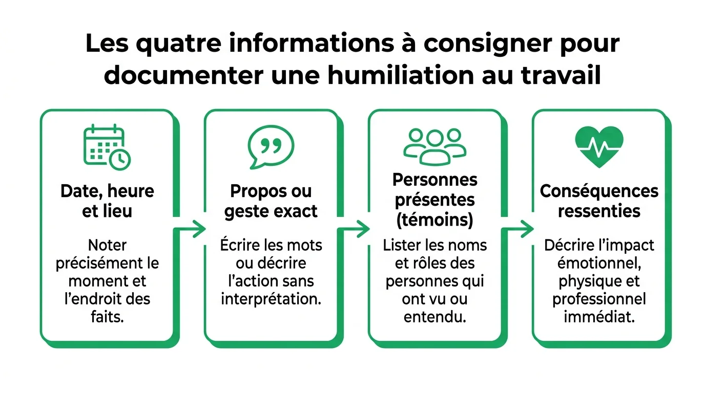 Les quatre informations a consigner pour documenter une humiliation au travail