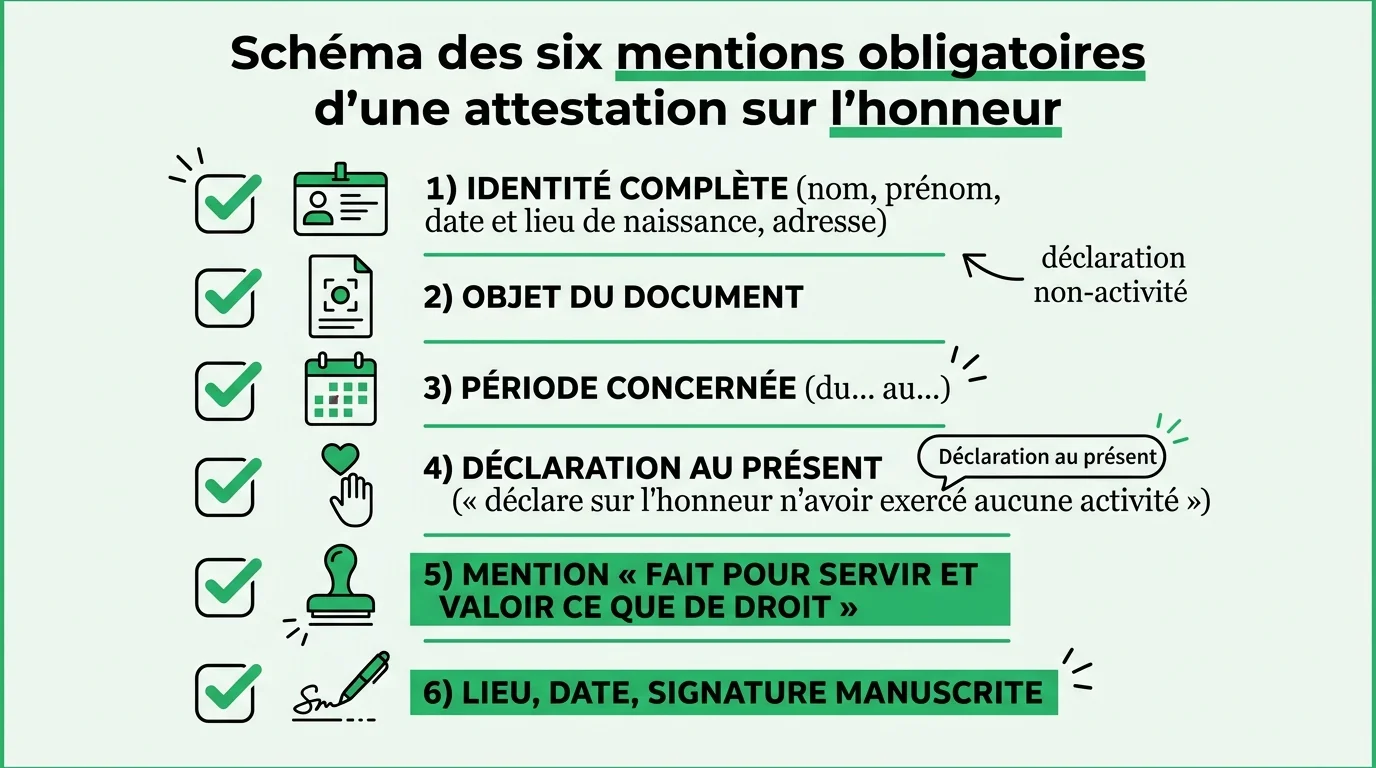 Schéma des six mentions obligatoires d'une attestation sur l'honneur