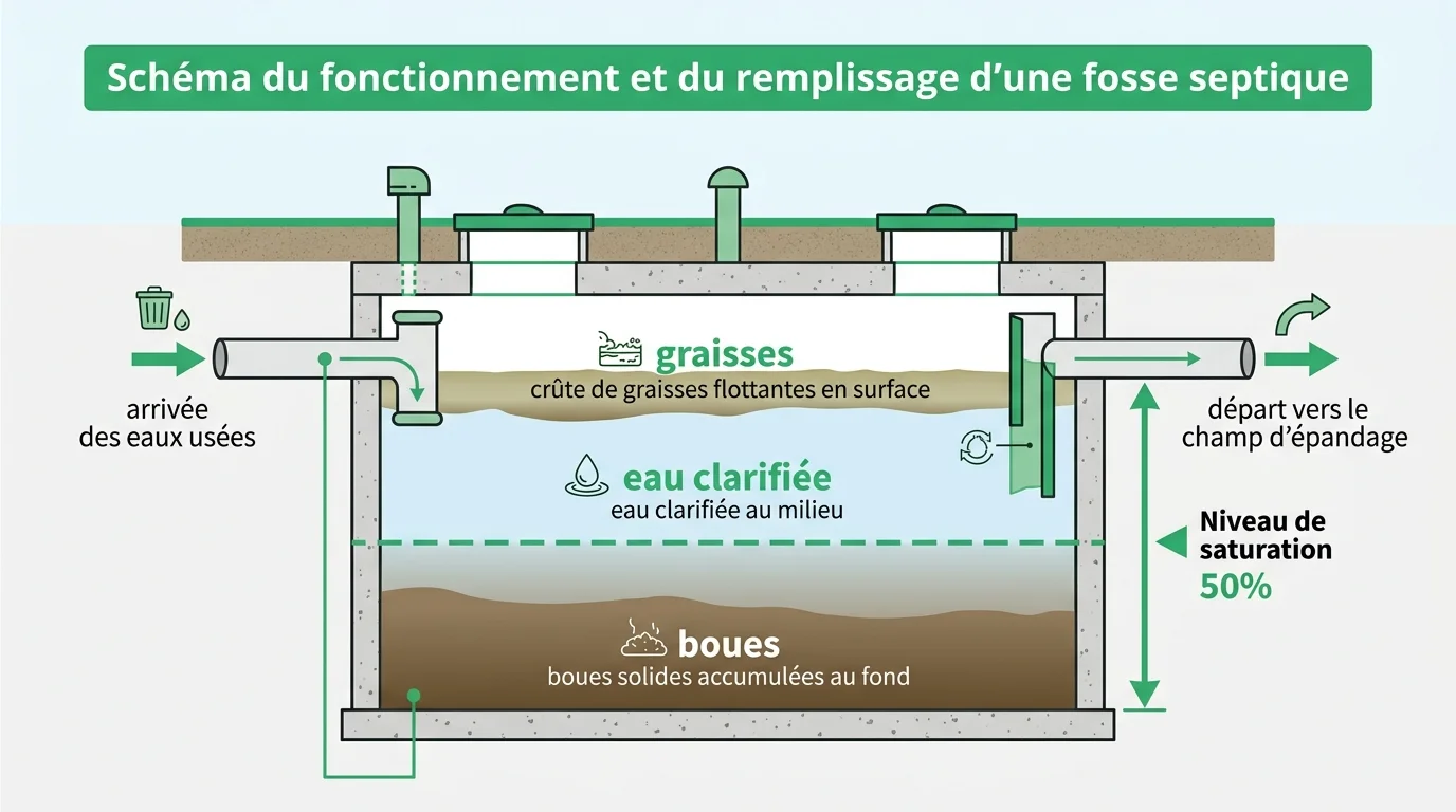 Schema du fonctionnement et du remplissage d'une fosse septique