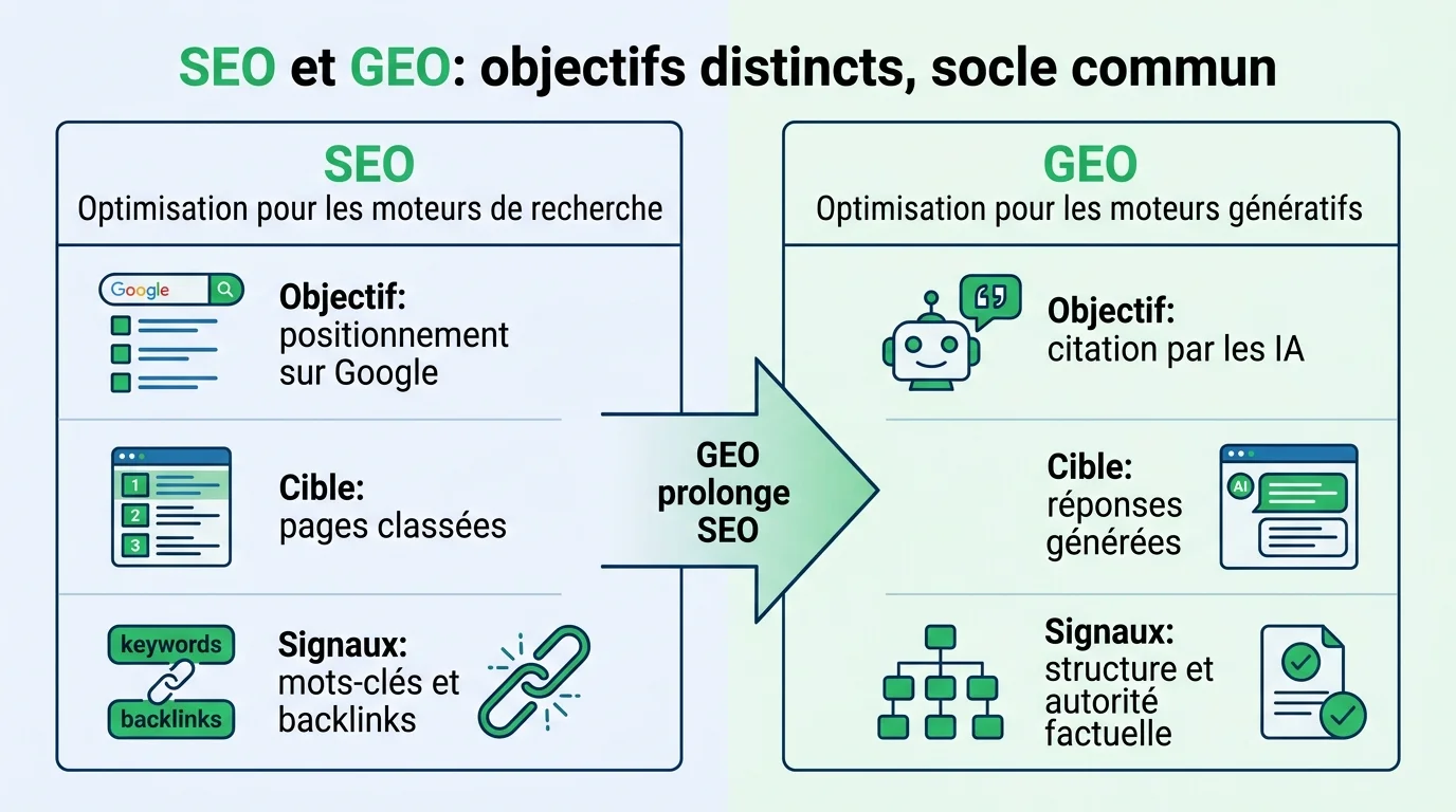 SEO et GEO: objectifs distincts, socle commun