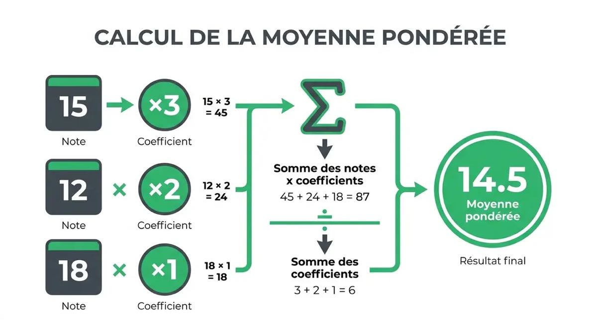 Schéma du calcul de la moyenne pondérée : notes multipliées par les coefficients puis divisées par la somme des coefficients
