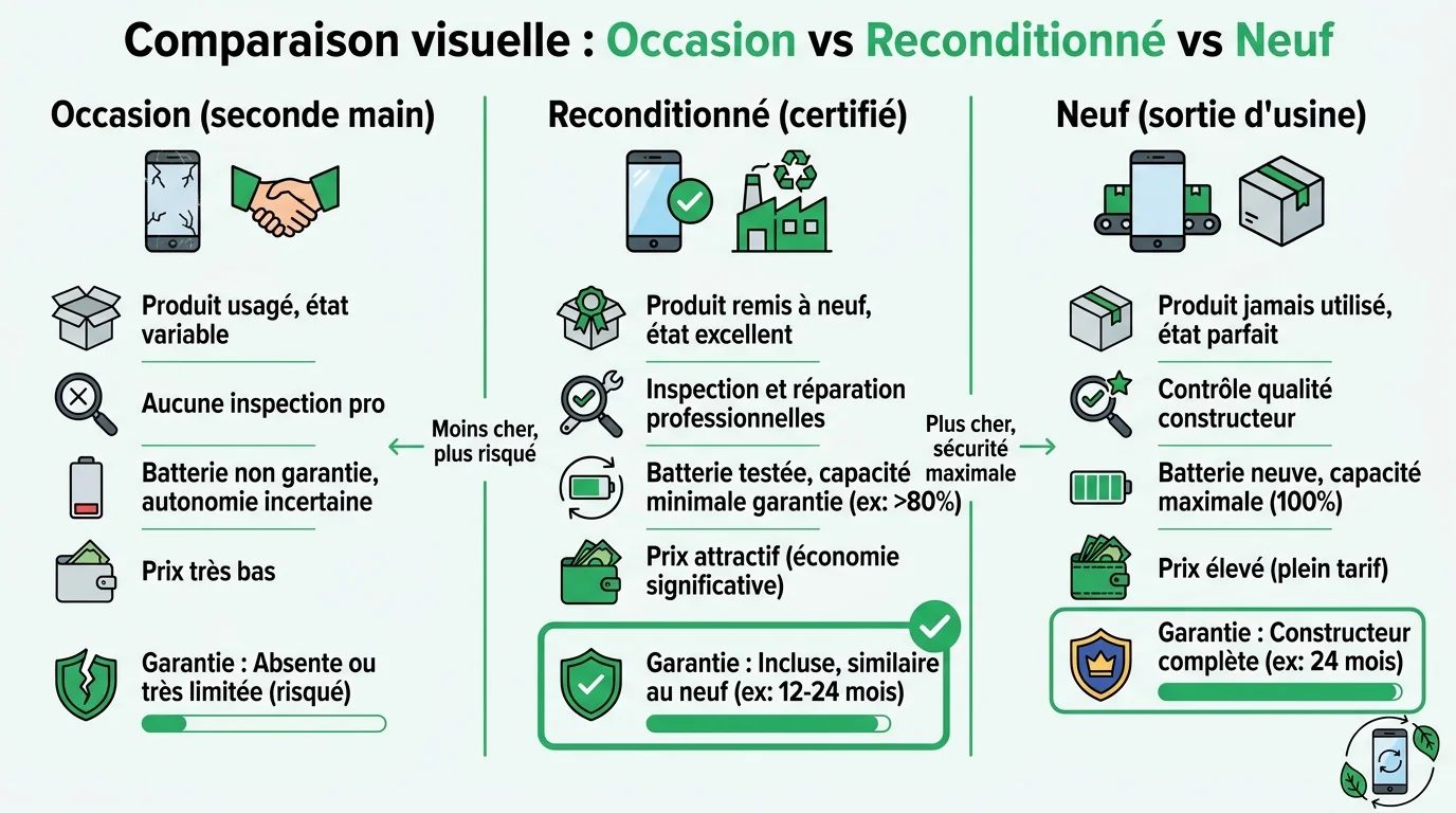 Comparaison visuelle : Occasion vs Reconditionné vs Neuf