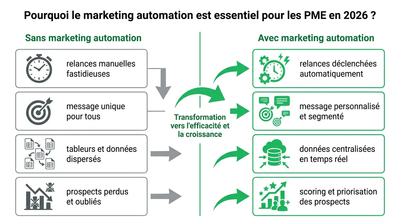 Comparatif des bénéfices du marketing automation pour une PME, sans et avec automatisation