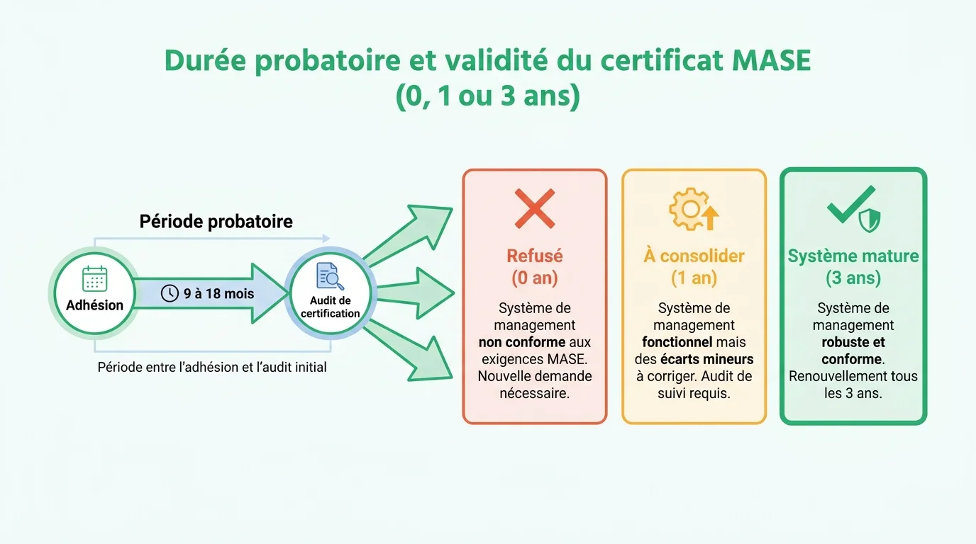 Durée probatoire et validité du certificat MASE (0, 1 ou 3 ans)