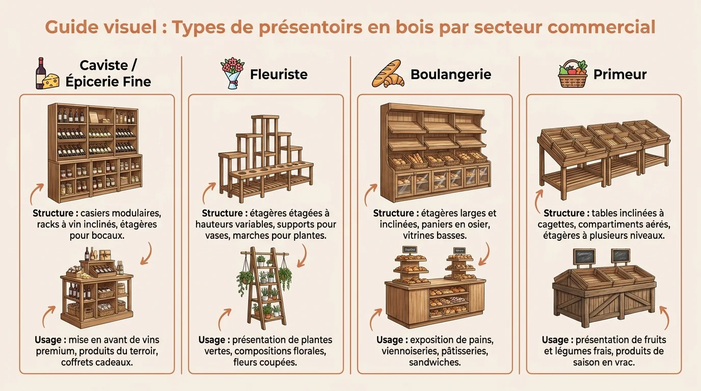 Guide visuel : Types de présentoirs en bois par secteur commercial