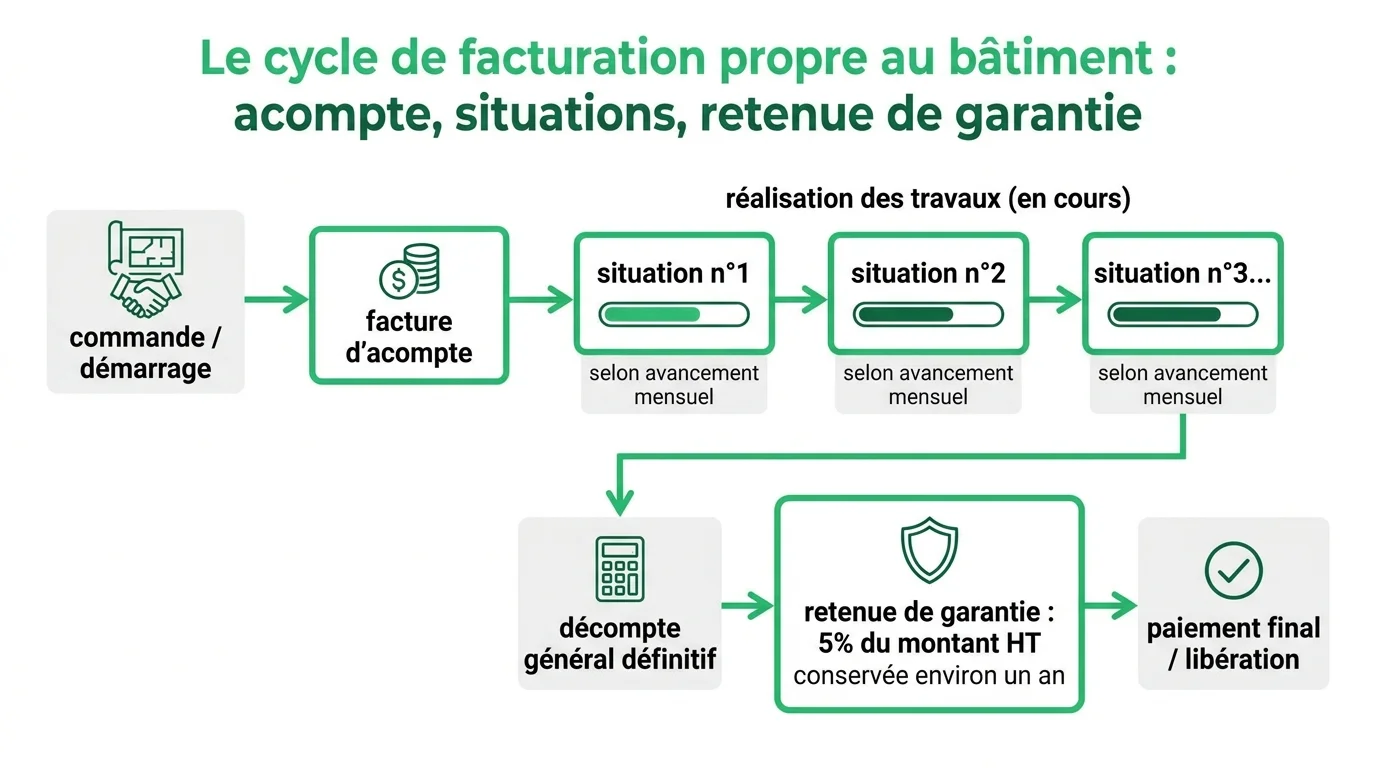 Le cycle de facturation propre au bâtiment : acompte, situations, retenue de garantie