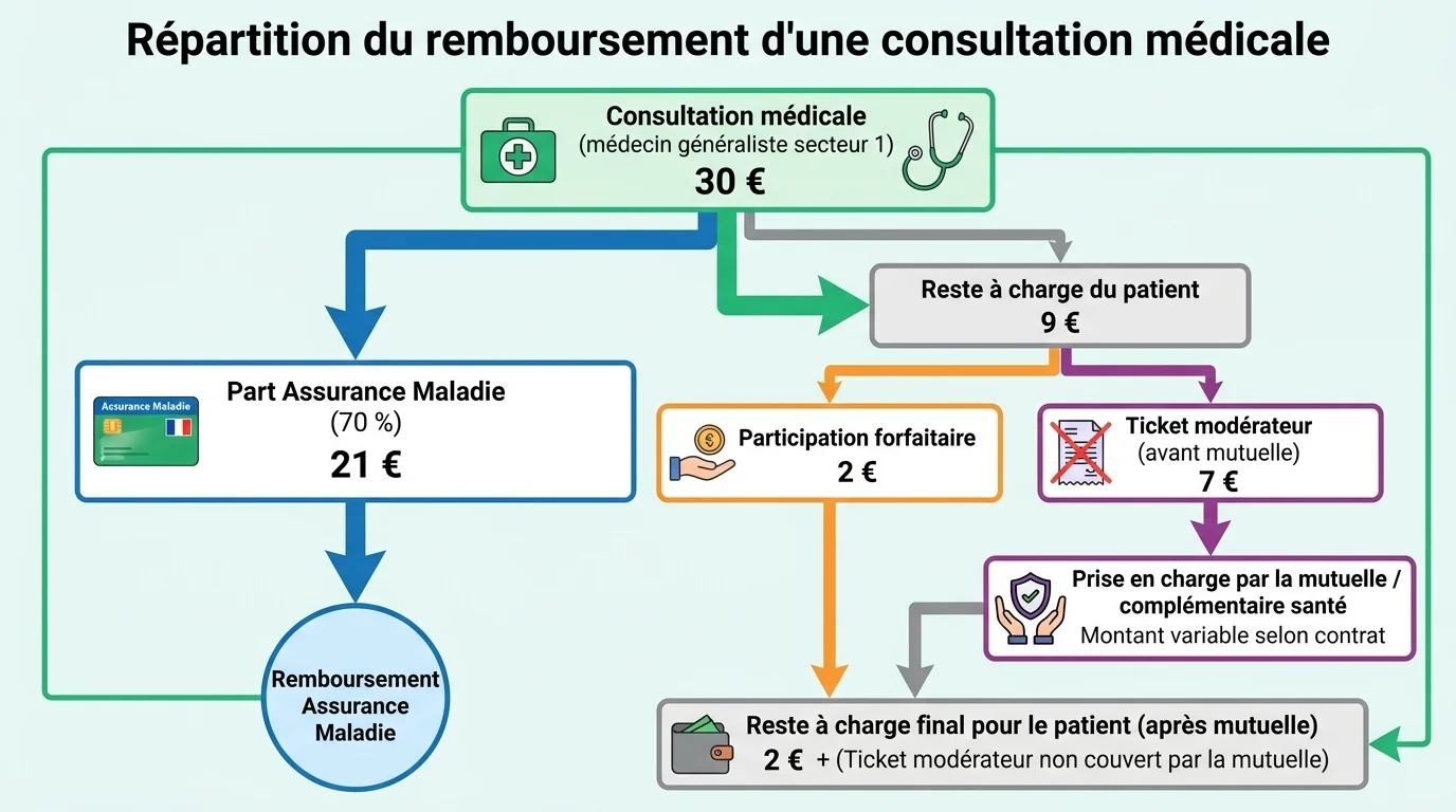 Répartition du remboursement d'une consultation médicale entre Assurance Maladie, ticket modérateur et mutuelle