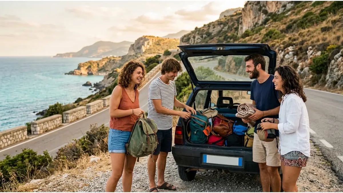 Groupe d'étudiants chargeant leurs sacs à dos dans une voiture pour un road trip d'été