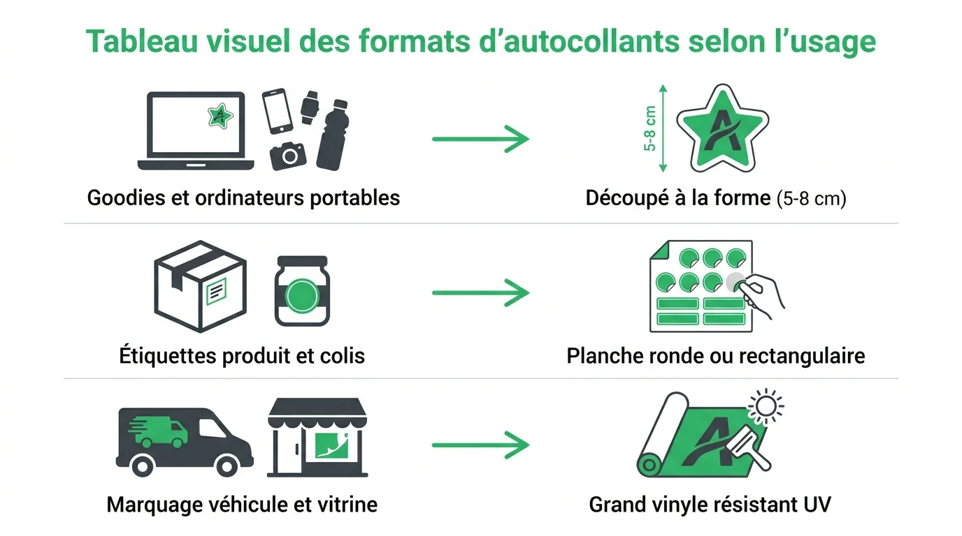 Tableau visuel des formats d'autocollants selon l'usage
